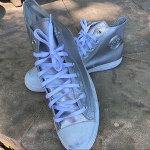 Converse All Star silver pro leather high tops.